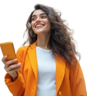 Smiling traveler using an AlfareedLine travel eSIM on her phone